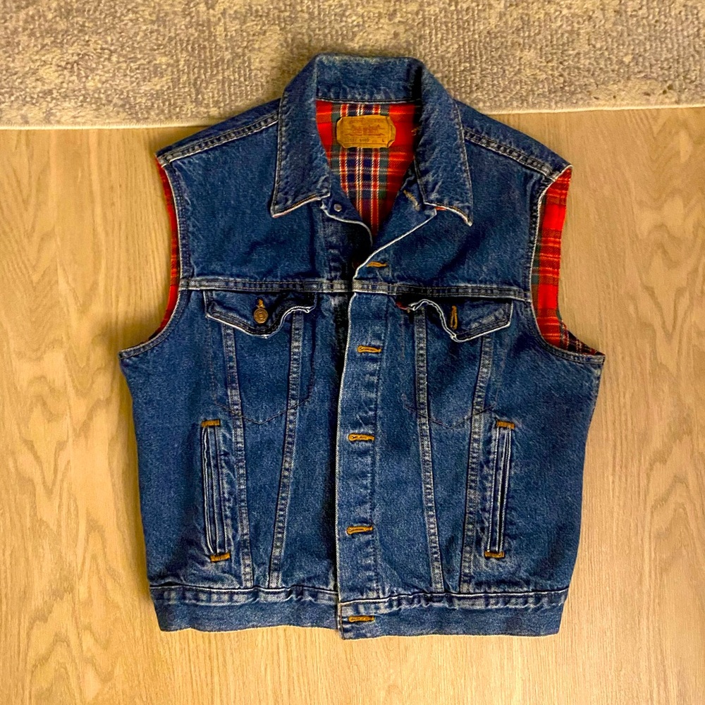 Vintage Levis Denim Vest Size L Snap Button Jacket Plaid Flannel Made in USA